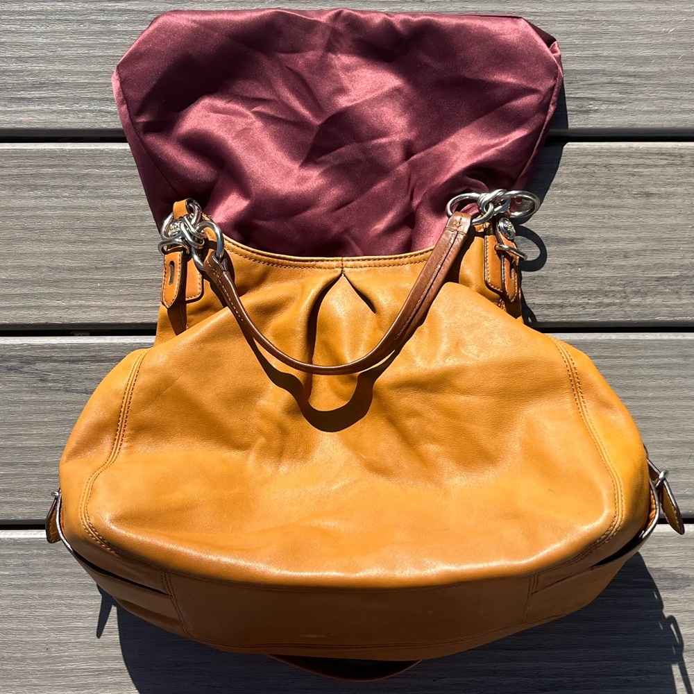 Coach; Golden Brown Leather Hobo Bag; 3 Section; Burgundy Interior; Duel Handles - Picture 6 of 16